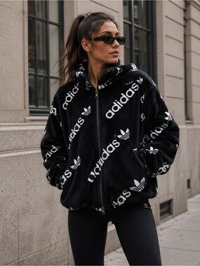 adidas Originals All-Over Trefoil Fleece Jacket — Black & White